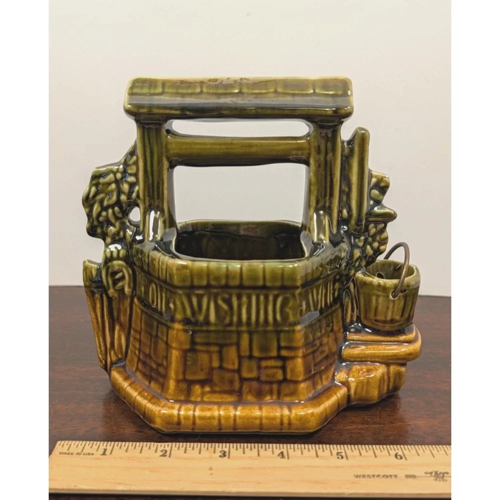 Vintage 1949 McCoy Pottery Wishing Well Planter Brown Green Glaze USA Bucket